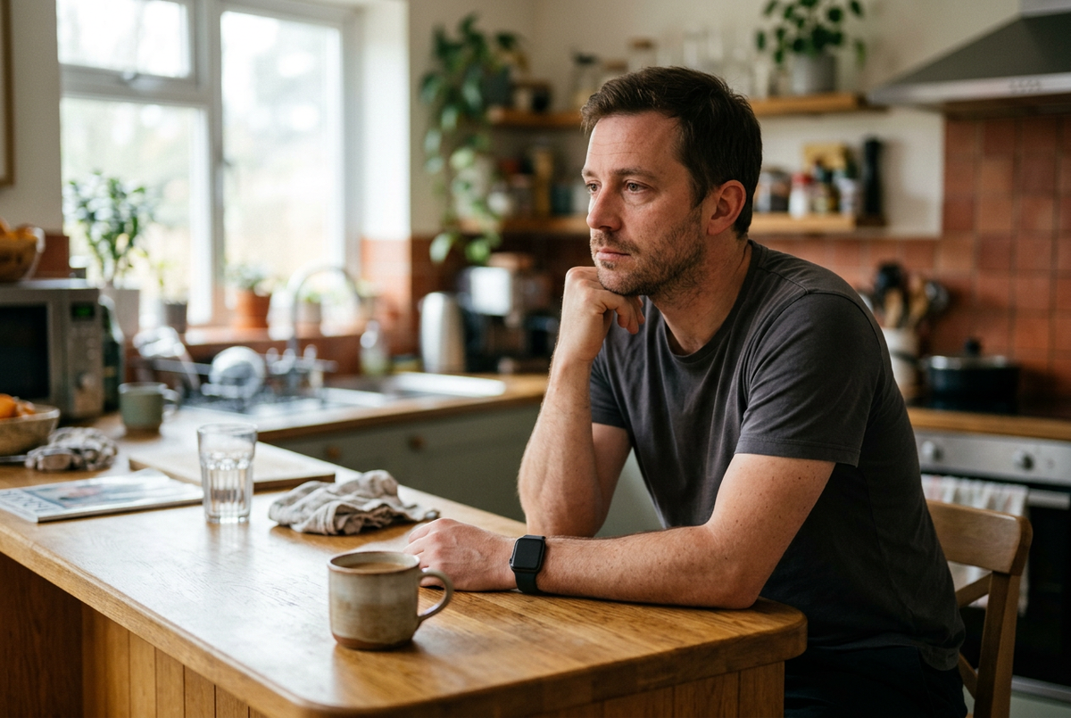 A man wearing a smartwatch sits quietly at a kitchen island beside a coffee mug in soft morning light.